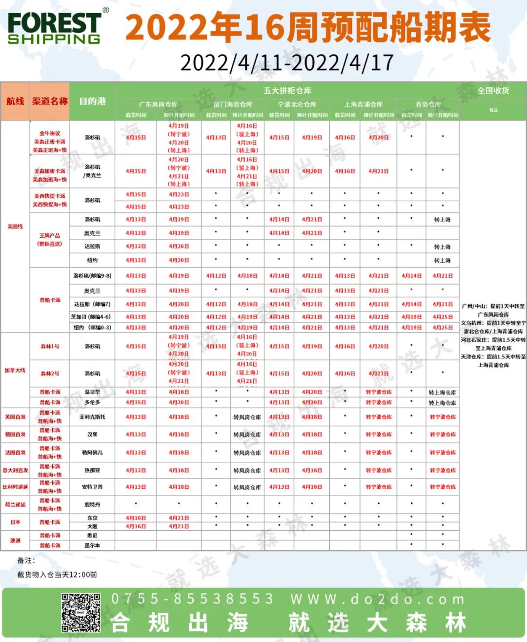 2022年第16周预配船期安排