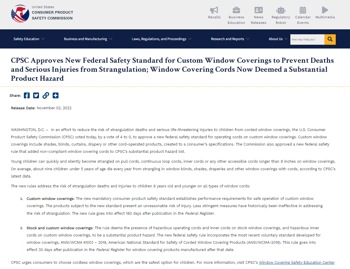 亚马逊美国站发布关于拉绳窗帘WCMA产品的合规要求